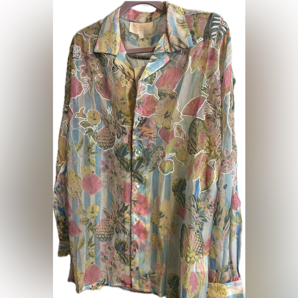NWT Rococo Sand sheer button up w/ embroidery Floral Fruit Tropical